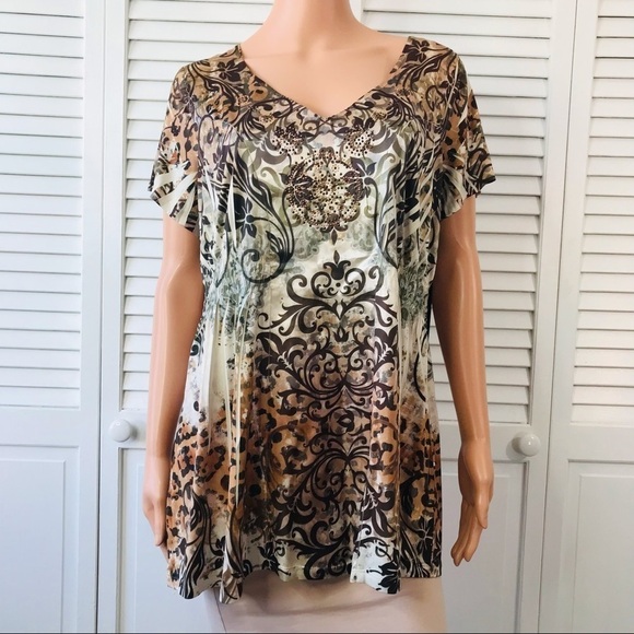 APT. 9 Brown Floral V-Neck Short Sleeve Blouse Size 1X - Picture 1 of 9